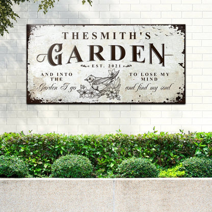 Family Garden Sign canvas with distressed beige plaque and vintage typography on a brick wall on Tampa Home & Garden Store