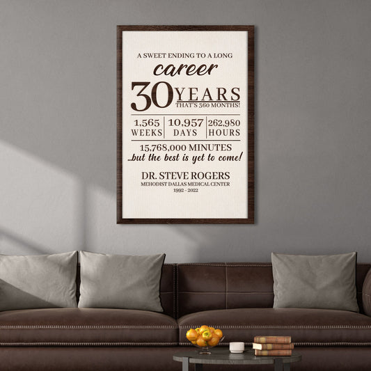 A Sweet Ending To A Long Career Sign canvas framed in beige background by Tailored Canvases on Tampa Home & Garden Store