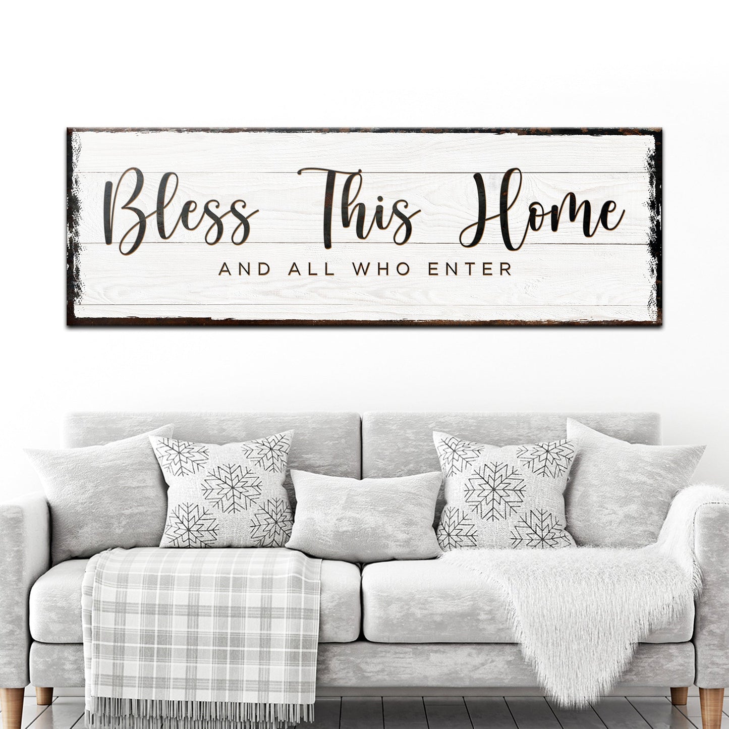 Bless This Home canvas sign on white wood with cursive lettering crafting canvas on Tampa Home & Garden Store
