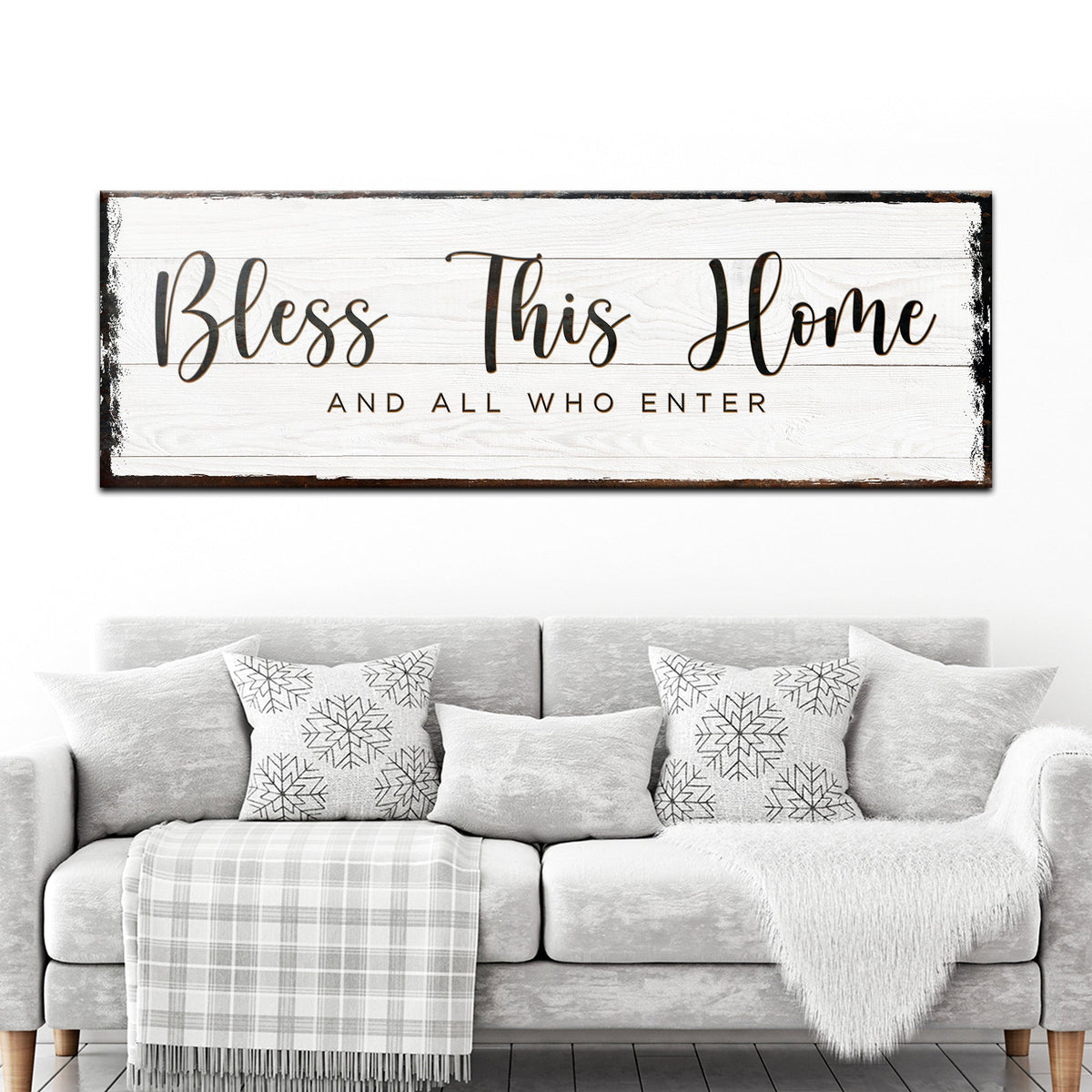Bless This Home canvas sign on white wood with cursive lettering crafting canvas on Tampa Home & Garden Store
