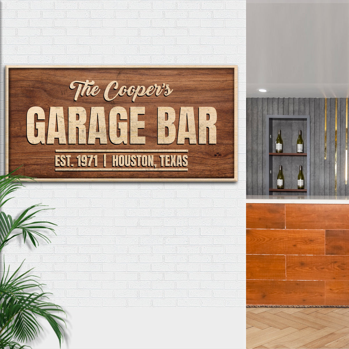 Rustic Garage Bar wood sign with brown wood grain frame mounted on a white brick wall on Tampa Home & Garden Store