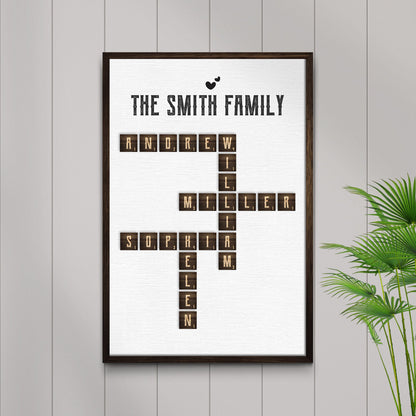 Scrabble family name sign canvas with dark wood frame SMITH FAMILY spelled by letter tiles on Tampa Home & Garden Store