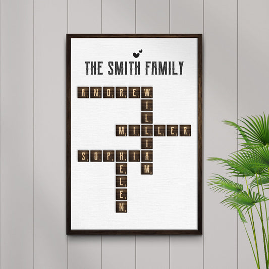 Scrabble family name sign canvas with dark wood frame SMITH FAMILY spelled by letter tiles on Tampa Home & Garden Store