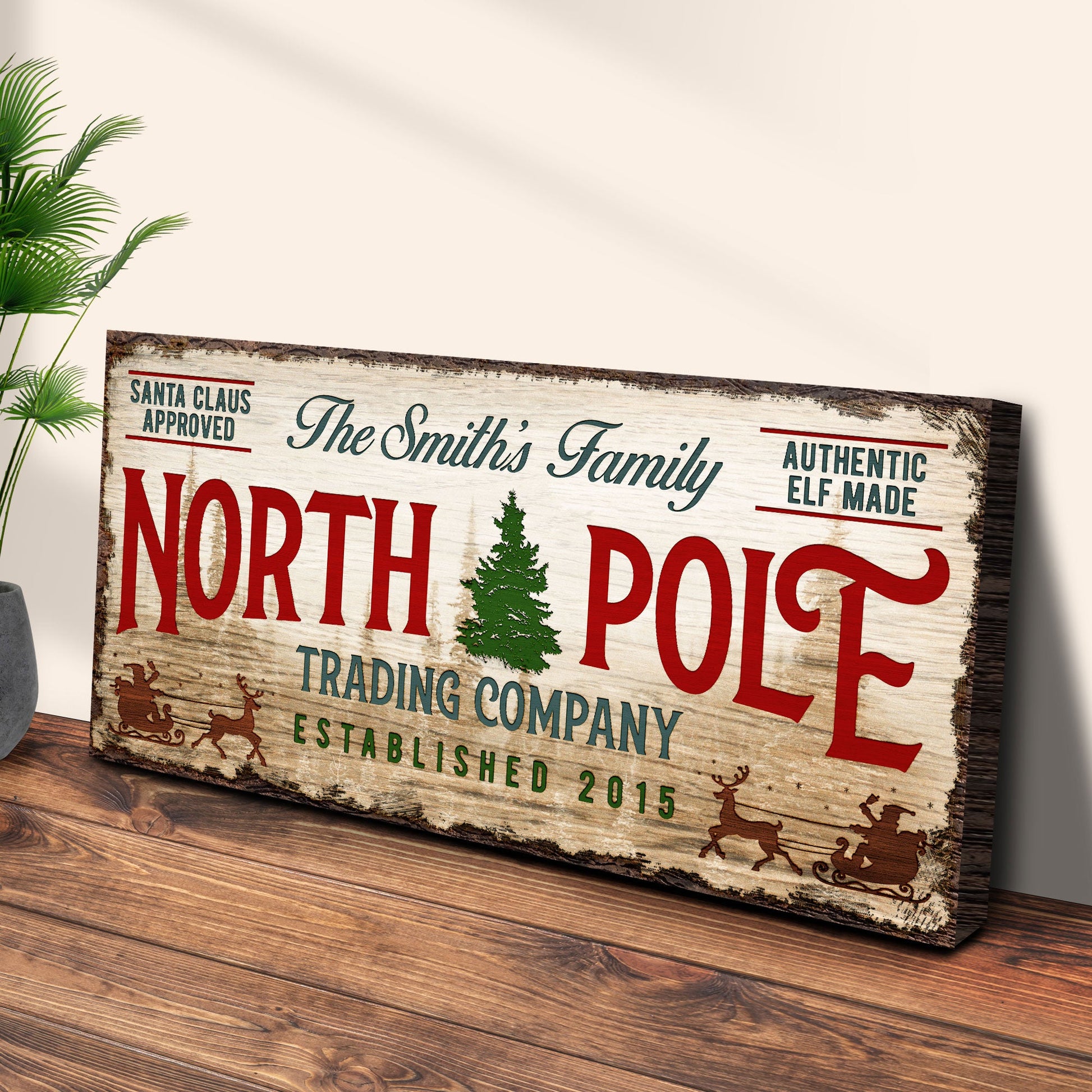 Canvas sign: Christmas Trading Co rustic wood, red NORTH POLE, Tailored Canvases on Tampa Home & Garden Store