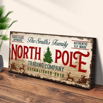 Canvas sign: Christmas Trading Co rustic wood, red NORTH POLE, Tailored Canvases on Tampa Home & Garden Store