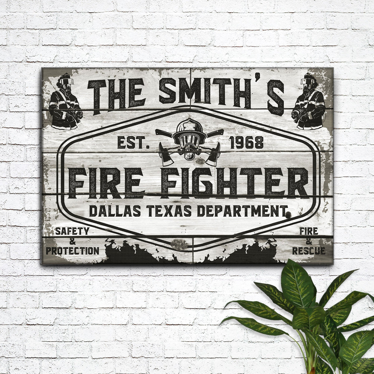 Fire & Rescue Fire Fighter Sign canvas by Tailored Canvases, monochrome distressed print on Tampa Home & Garden Store