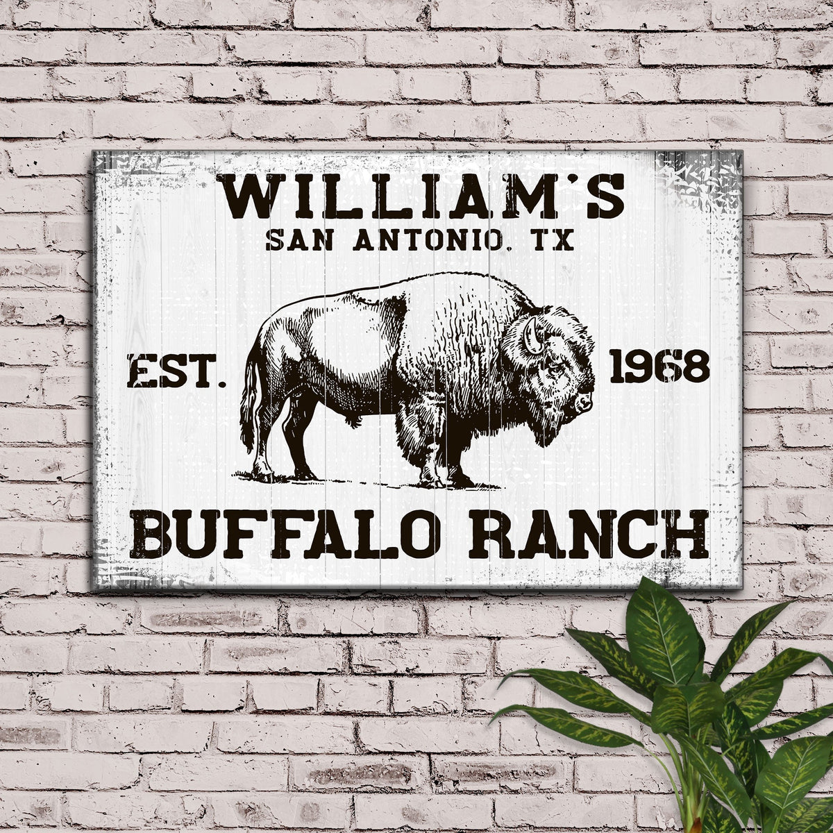 Buffalo Ranch Sign II canvas with rustic white wood panel and bold buffalo illustration on Tampa Home & Garden Store