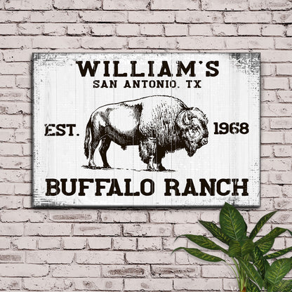 Buffalo Ranch Sign II canvas with rustic white wood panel and bold buffalo illustration on Tampa Home & Garden Store