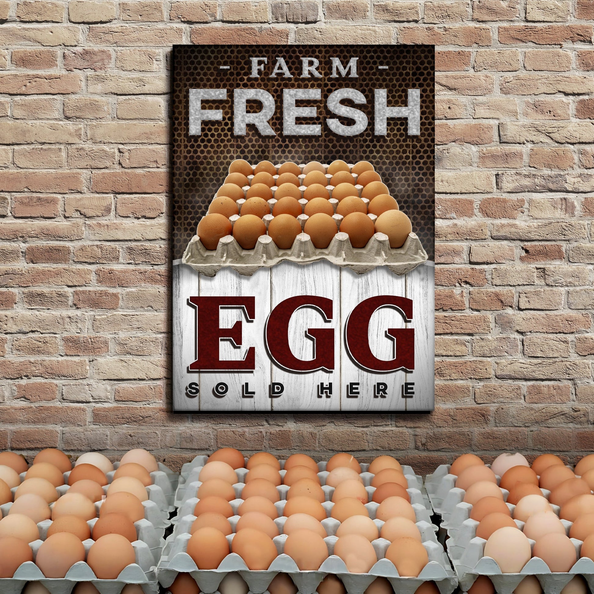 Sold Here Farm Fresh Eggs sign canvas by Tailored Canvases with rustic brick backdrop on Tampa Home & Garden Store