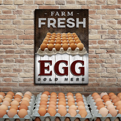Sold Here Farm Fresh Eggs sign canvas by Tailored Canvases with rustic brick backdrop on Tampa Home & Garden Store