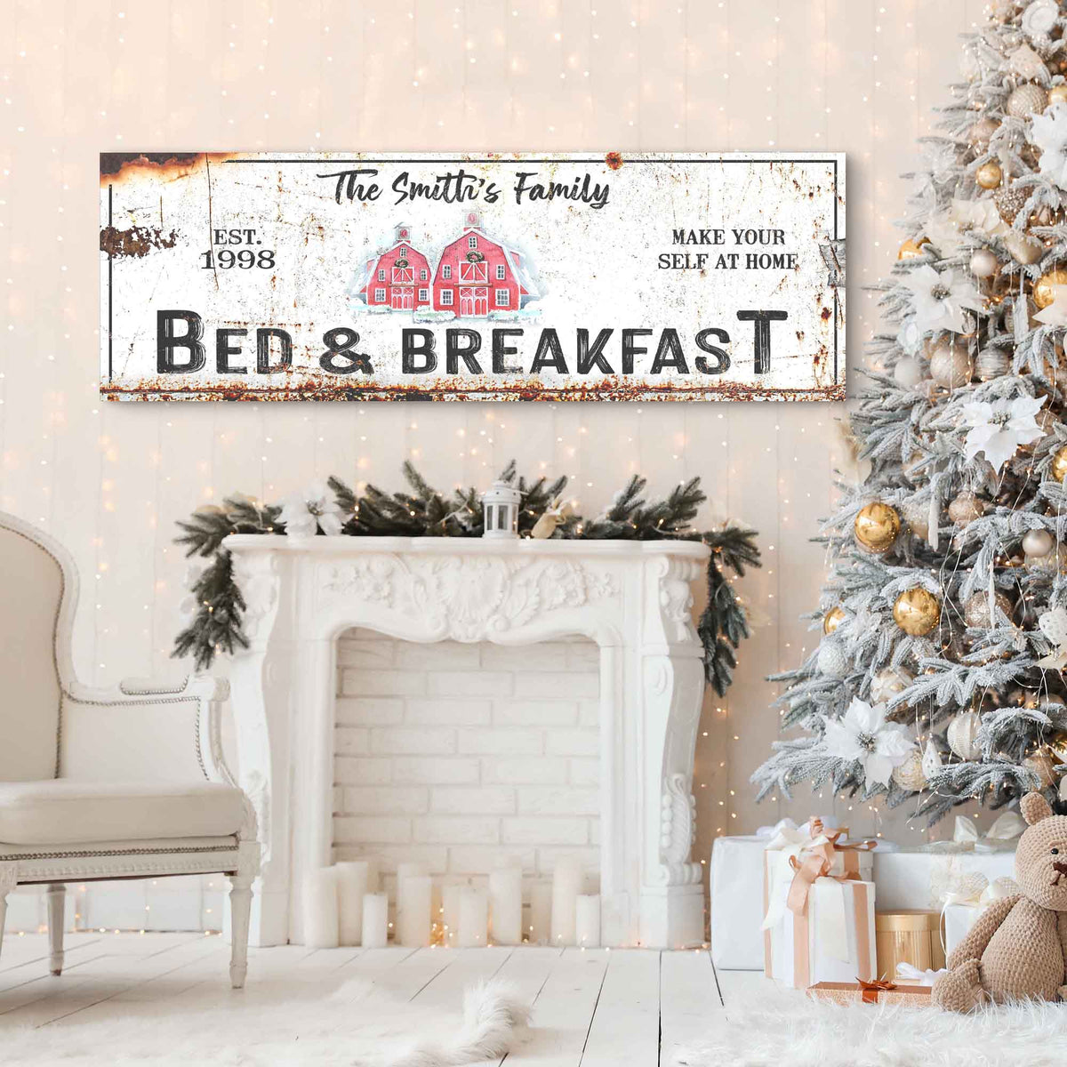 Canvas sign Christmas Bed & Breakfast with distressed white wood and red barn art on Tampa Home & Garden Store