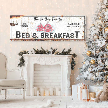 Canvas sign Christmas Bed & Breakfast with distressed white wood and red barn art on Tampa Home & Garden Store