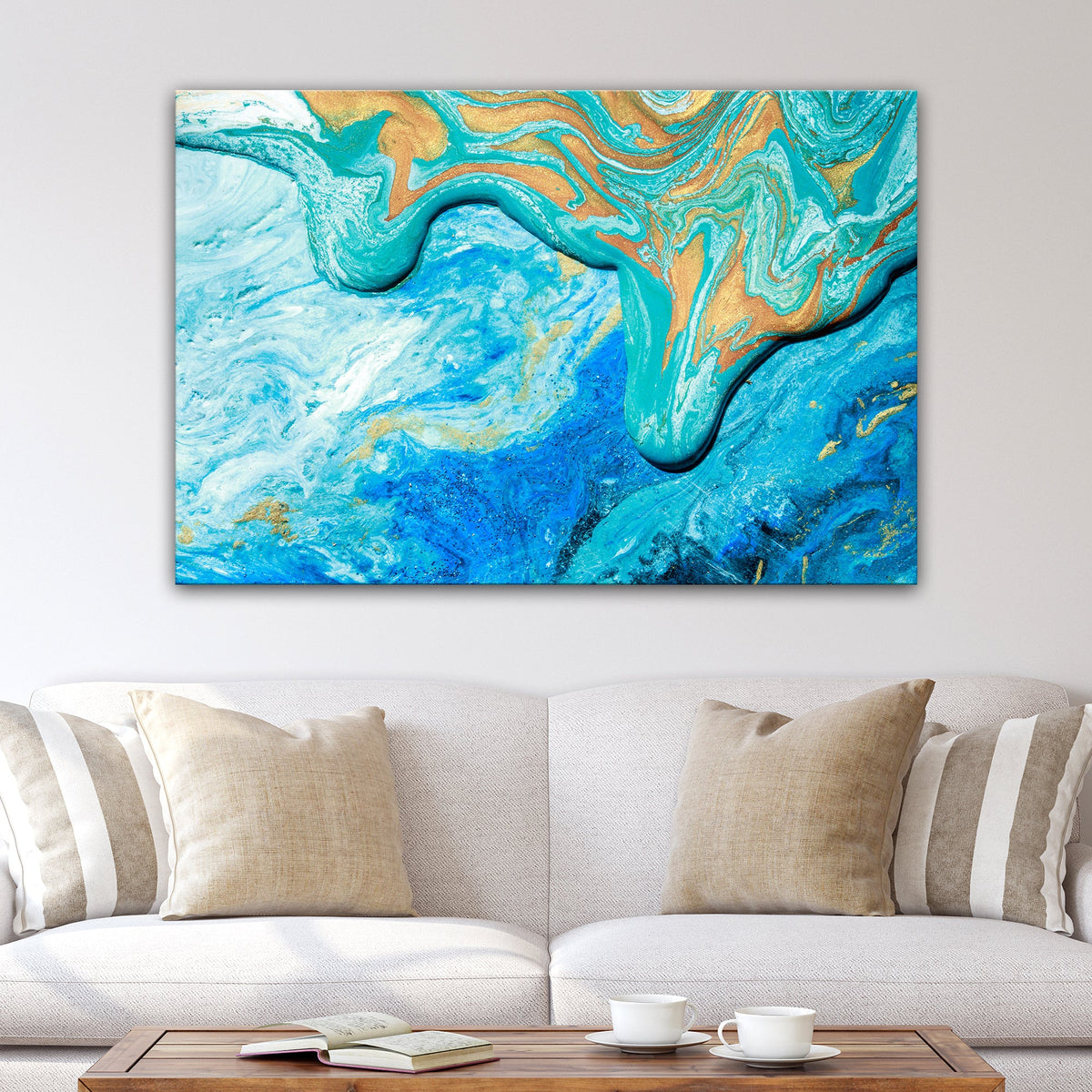 Abstract Sea Canvas Wall Art by Tailored Canvases; turquoise and gold swirls on crafting canvas on Tampa Home & Garden Store