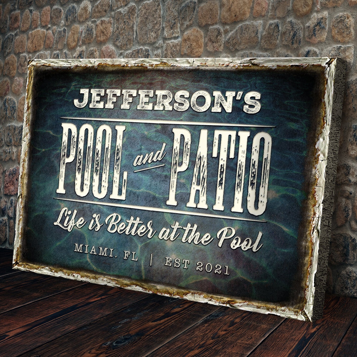 Pool And Patio Sign canvas craft sign with distressed white frame and vintage typography on Tampa Home & Garden Store