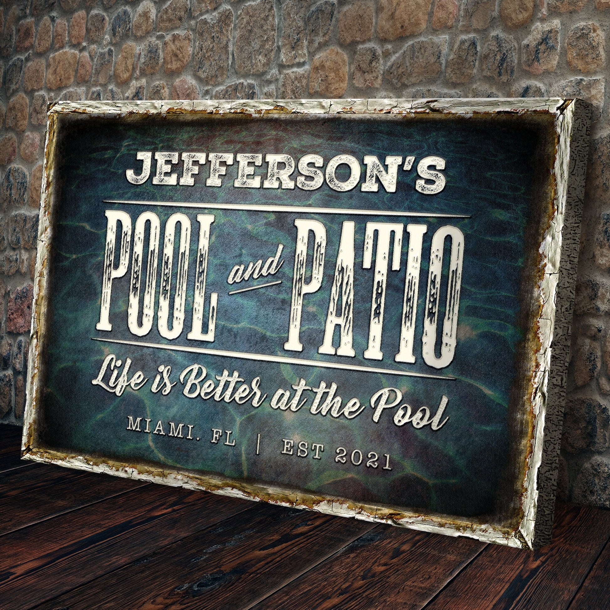 Pool And Patio Sign canvas craft sign with distressed white frame and vintage typography on Tampa Home & Garden Store
