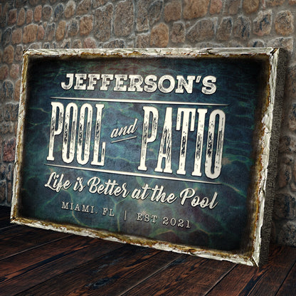 Pool And Patio Sign canvas craft sign with distressed white frame and vintage typography on Tampa Home & Garden Store