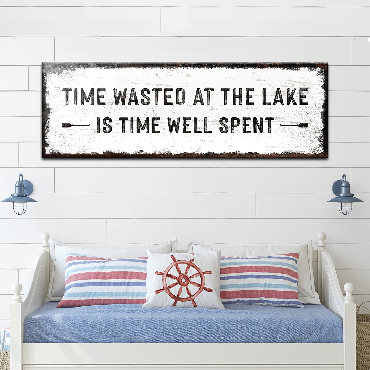 Time At The Lake Sign canvas with distressed white surface and bold black lettering on Tampa Home & Garden Store