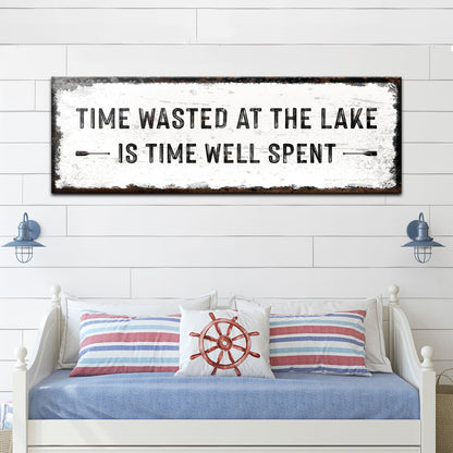 Time At The Lake Sign canvas with distressed white surface and bold black lettering on Tampa Home & Garden Store