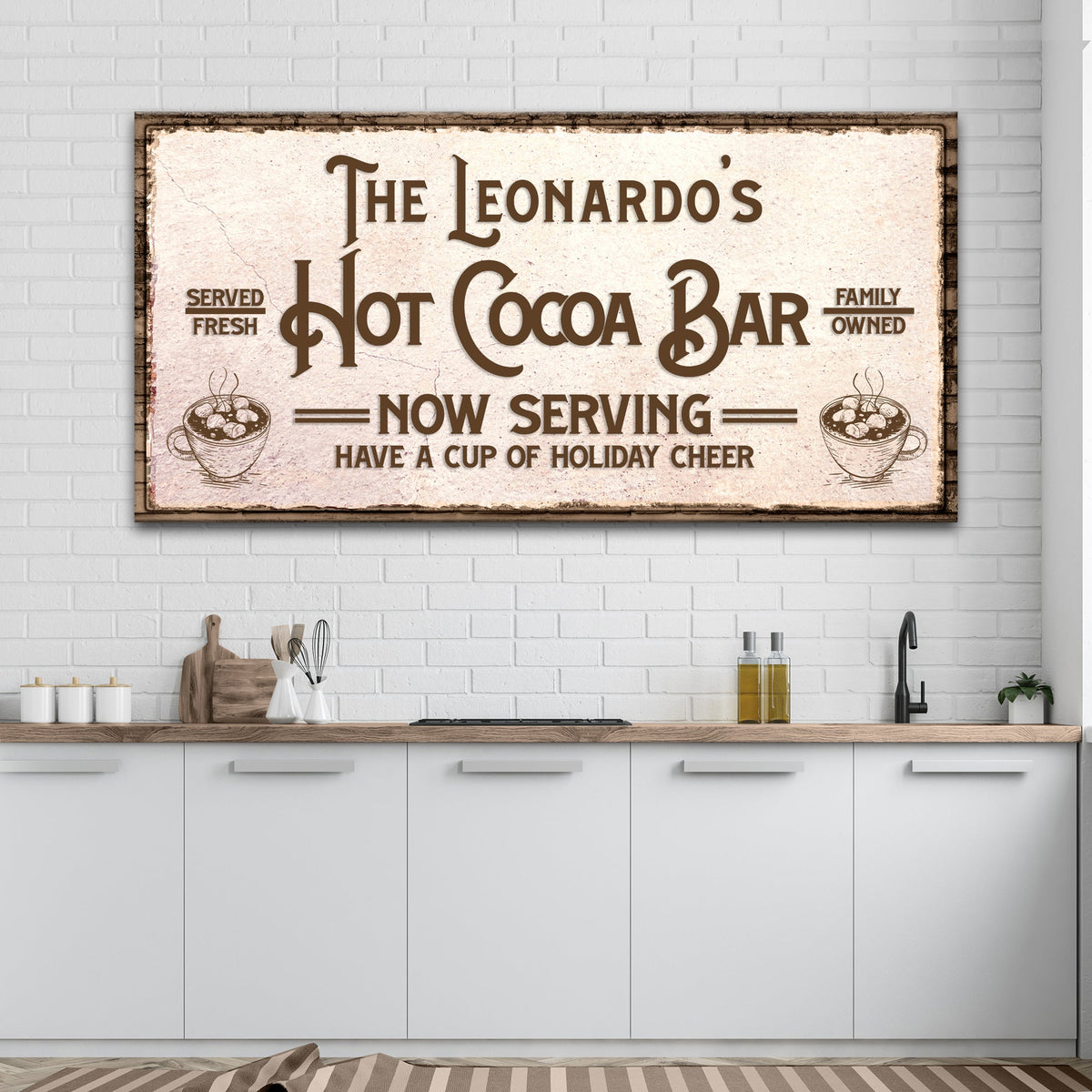 Have A Cup Of Holiday Cheer Hot Cocoa Bar Sign canvas by Tailored Canvases; brown lettering on Tampa Home & Garden Store