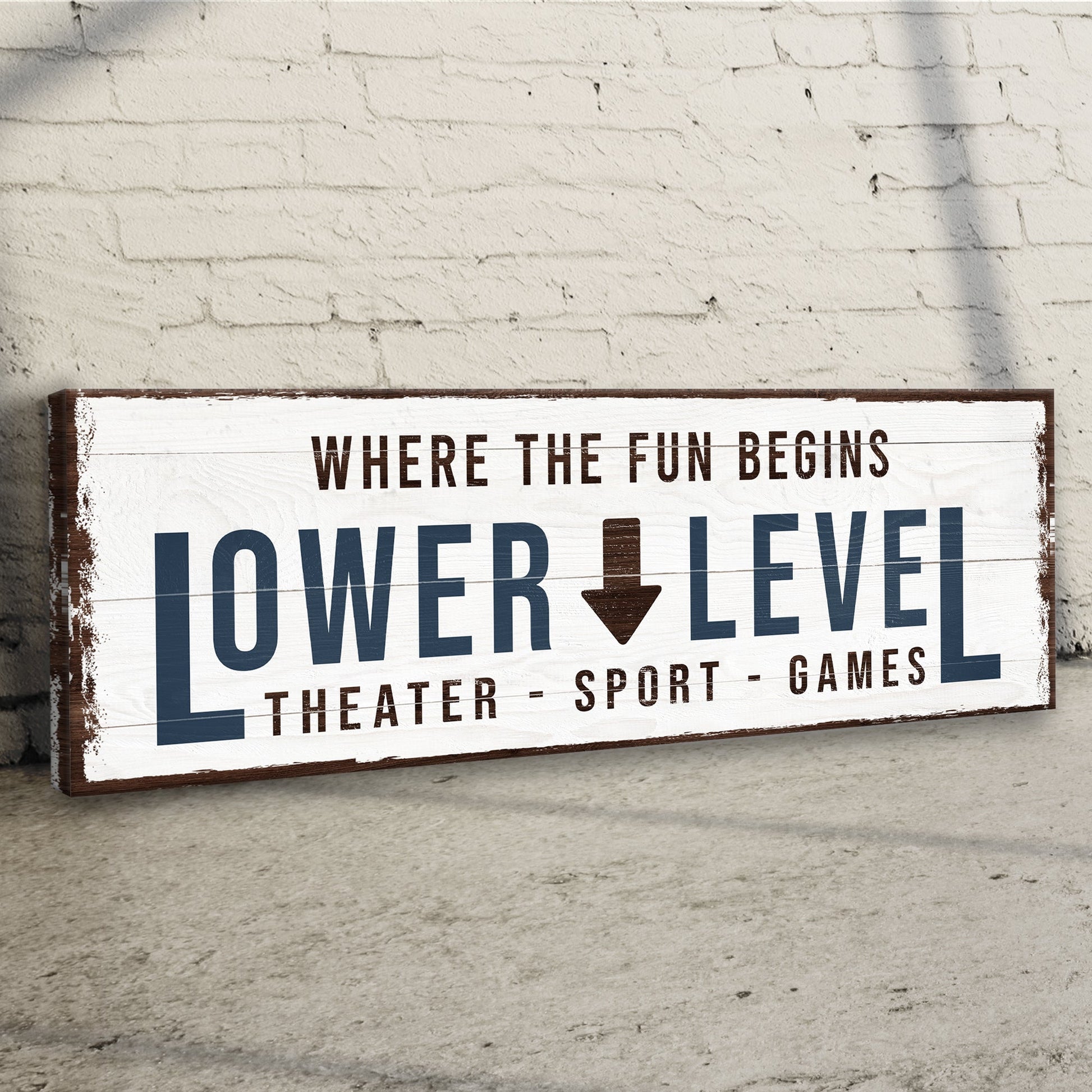 Lower Level sign canvas with distressed white board, navy typography for home bar on Tampa Home & Garden Store
