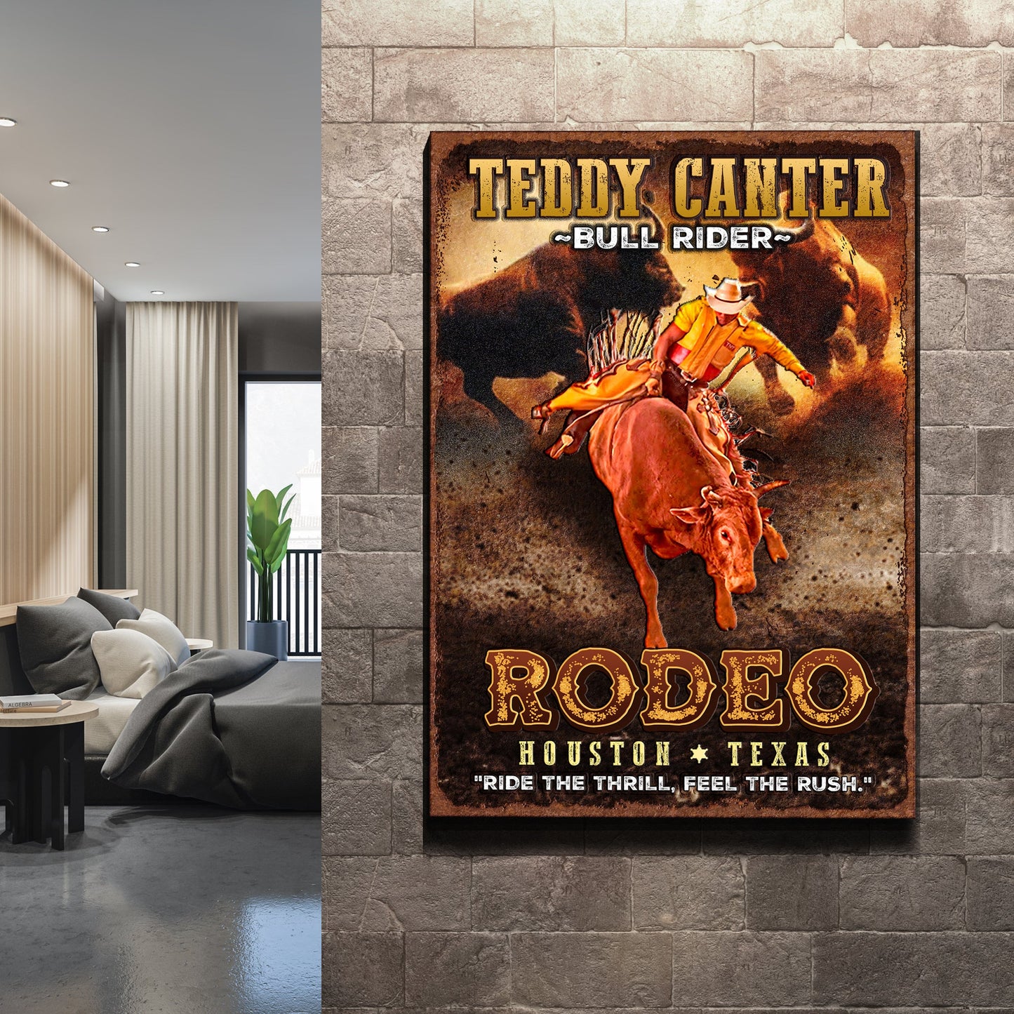 Cowboy Rodeo Bull Rider Sign canvas by Tailored Canvases on a textured stone wall on Tampa Home & Garden Store