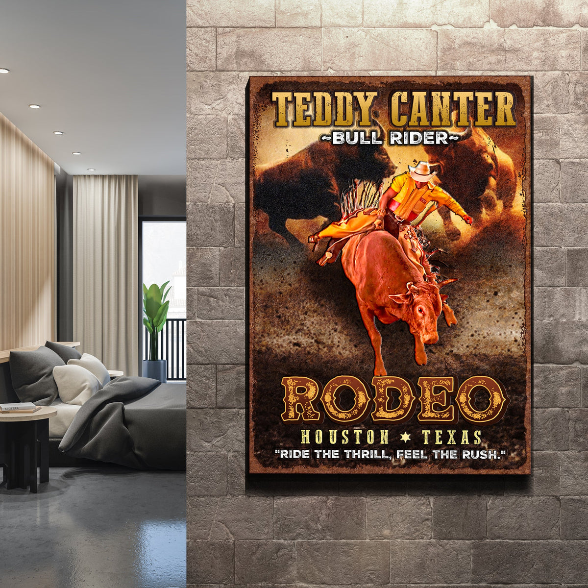 Cowboy Rodeo Bull Rider Sign canvas by Tailored Canvases on a textured stone wall on Tampa Home & Garden Store