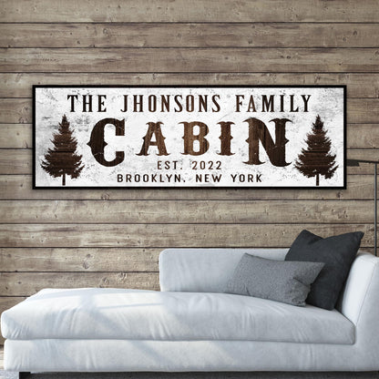 Family Cabin Sign II canvas by Tailored Canvases, white sign with brown text and pine trees on Tampa Home & Garden Store
