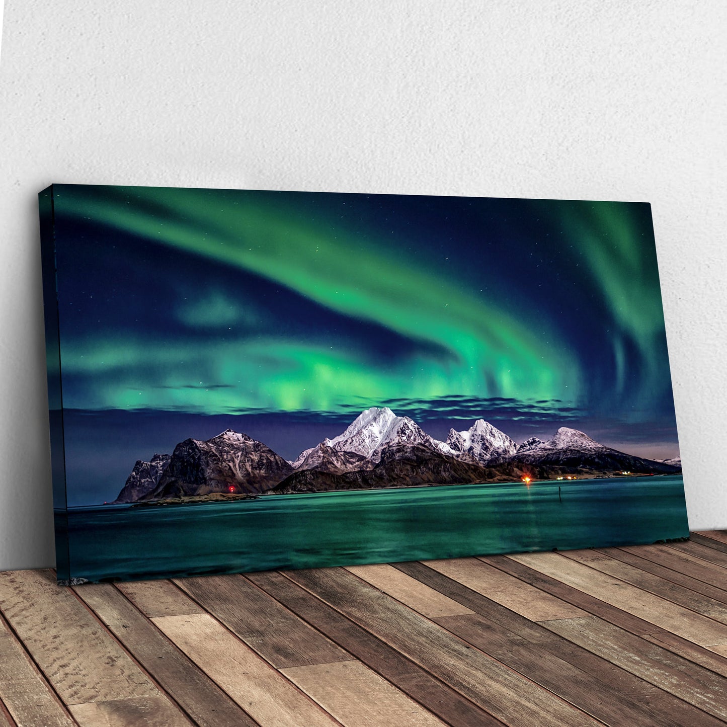 Lake And Northern Lights Canvas by Tailored Canvases with aurora over mountains on Tampa Home & Garden Store