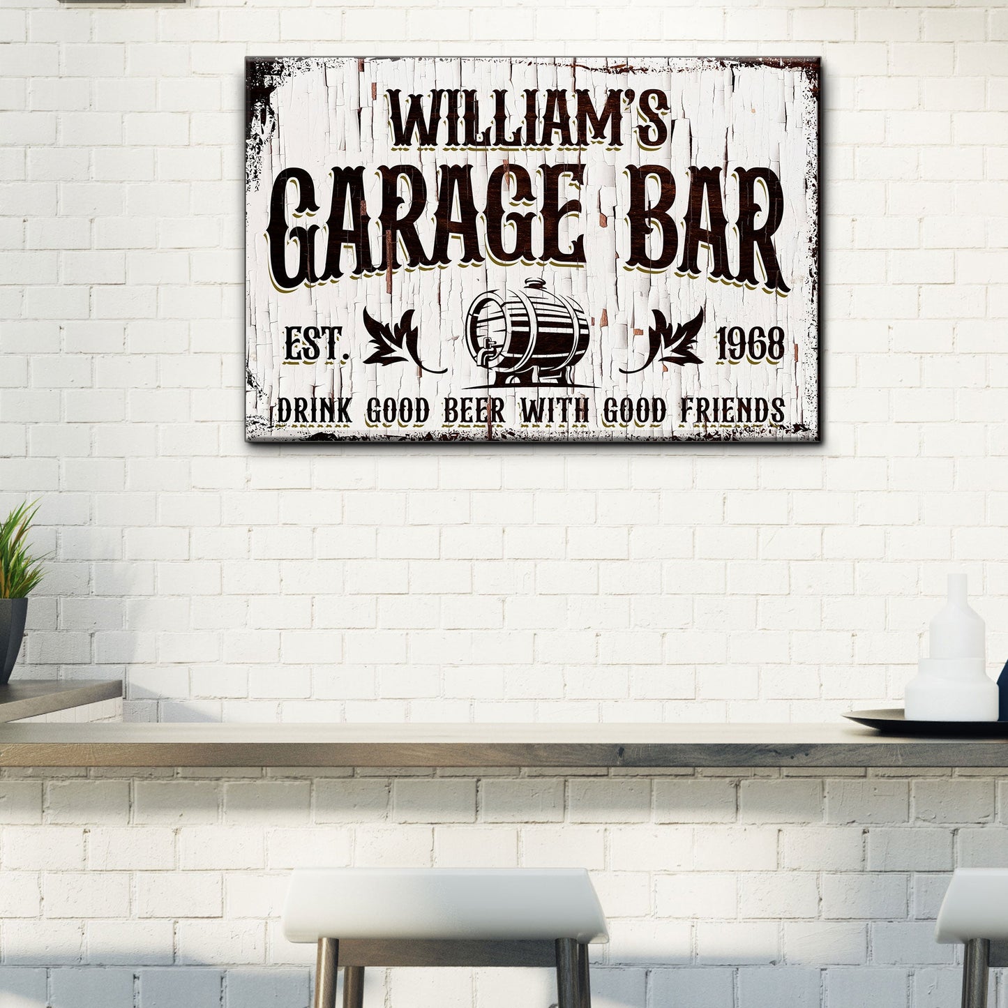Garage Bar rustic wood sign canvas with distressed white background by Tailored Canvases on Tampa Home & Garden Store