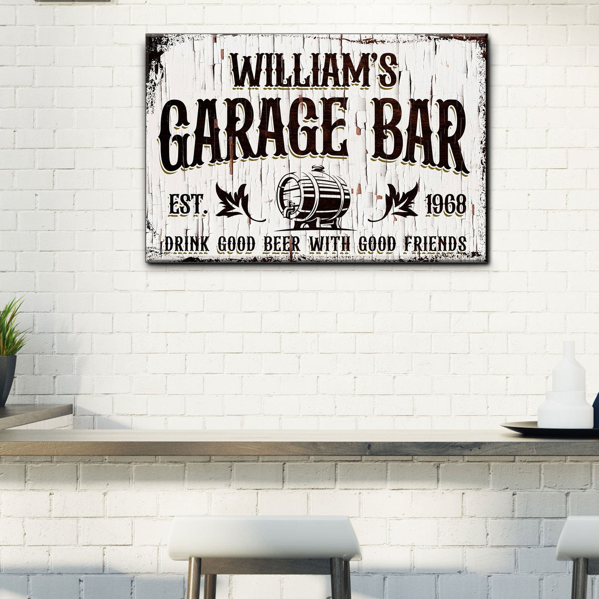 Garage Bar rustic wood sign canvas with distressed white background by Tailored Canvases on Tampa Home & Garden Store