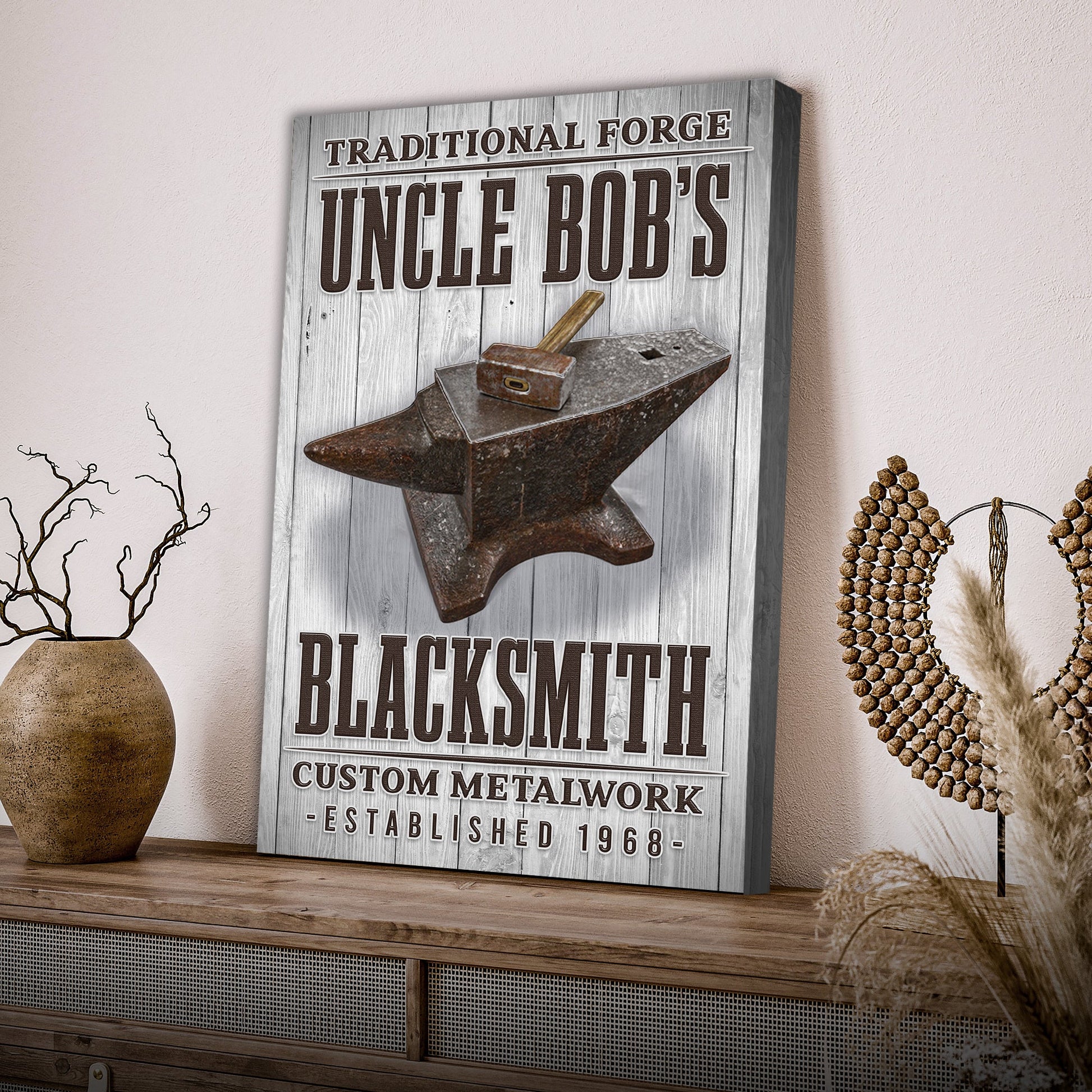 Traditional Forger Blacksmith Sign canvas print with rustic wood panel and anvil on Tampa Home & Garden Store