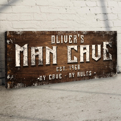 Man Cave My Cave My Rules sign canvas with rustic wood and white lettering Tailored Canvases on Tampa Home & Garden Store