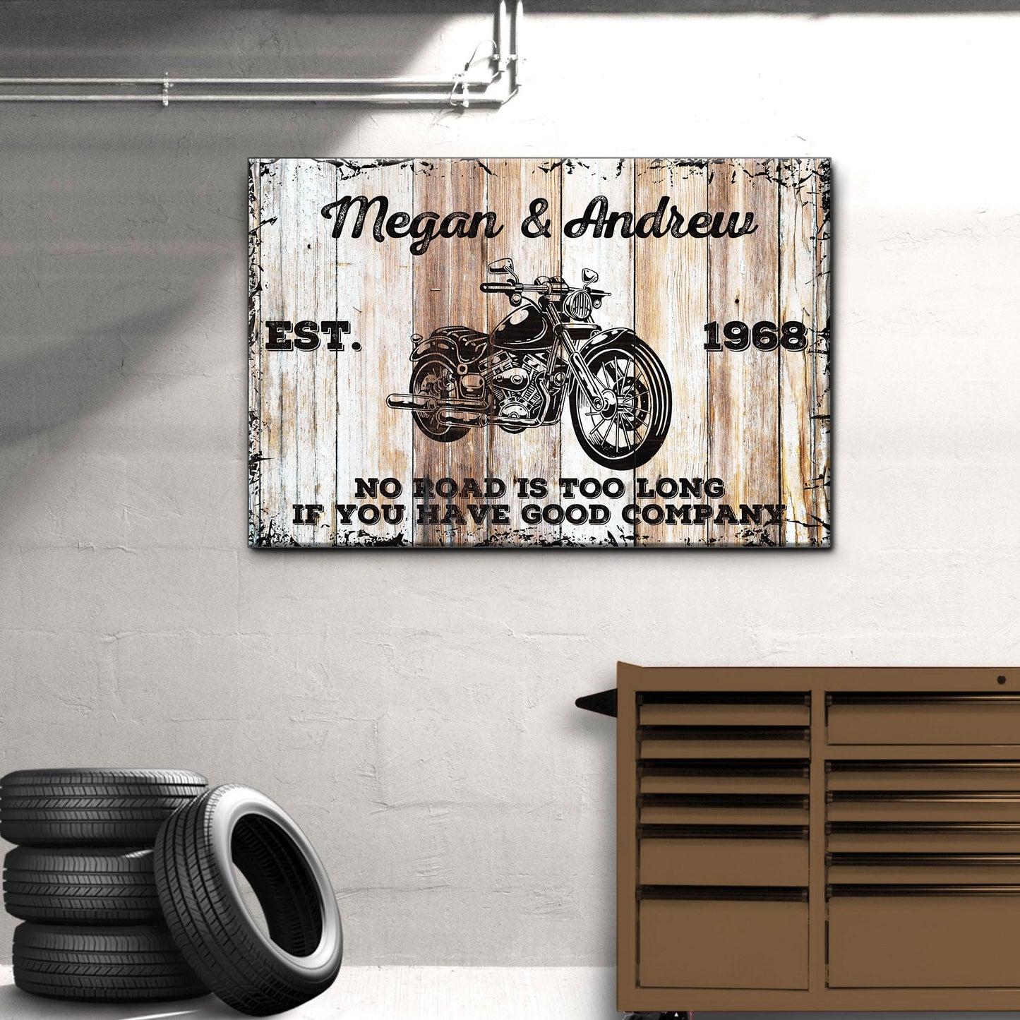 Motorcycle Wood Sign canvas wall art by Tailored Canvases on rustic wood planks with bike on Tampa Home & Garden Store