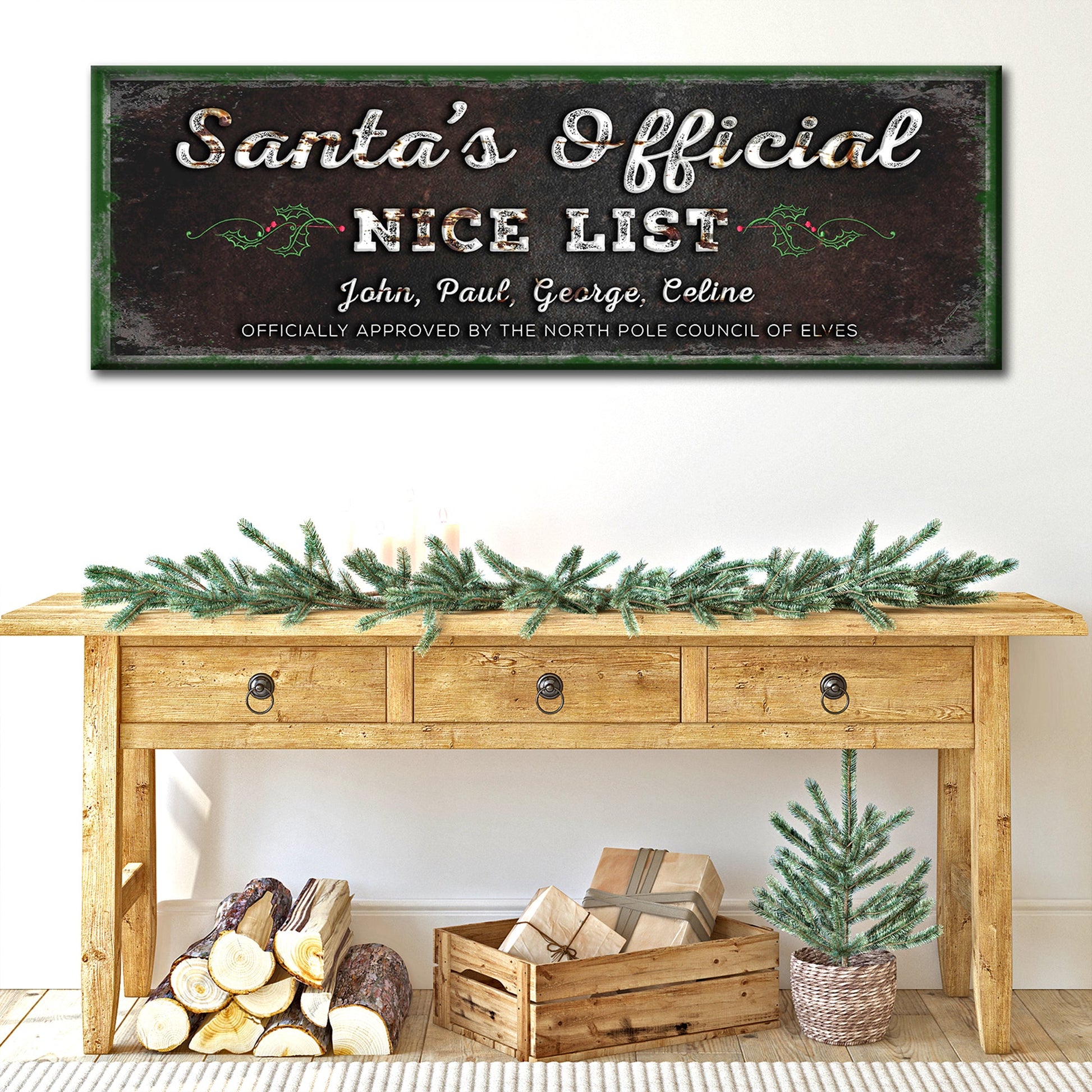 Santa's Official Nice List canvas sign with holly accents Tailored Canvases on Tampa Home & Garden Store