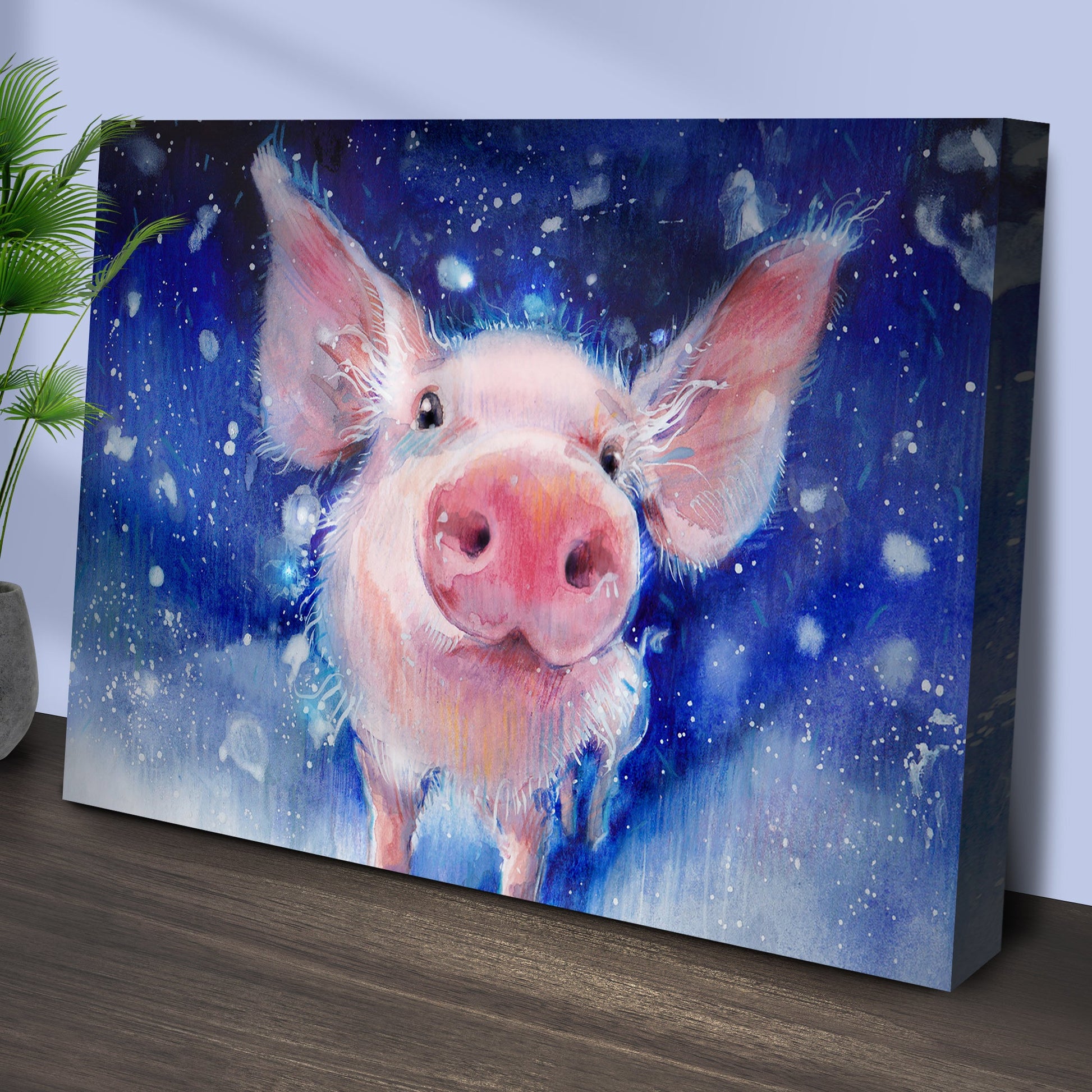 Fluffy Pig Watercolor Canvas Wall Art Tailored Canvases, pink pig on deep blue speckled backdrop on Tampa Home & Garden Store
