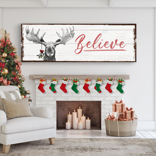 Believe Sign III canvas by Tailored Canvases with moose image on white distressed wood on Tampa Home & Garden Store