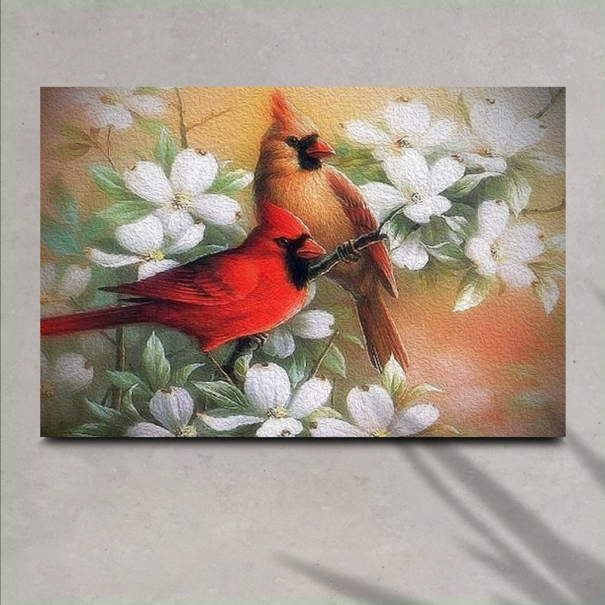 Cardinals on Dogwood Painting Canvas Wall Art two red cardinals among blossoms Tailored Canvases on Tampa Home & Garden Store