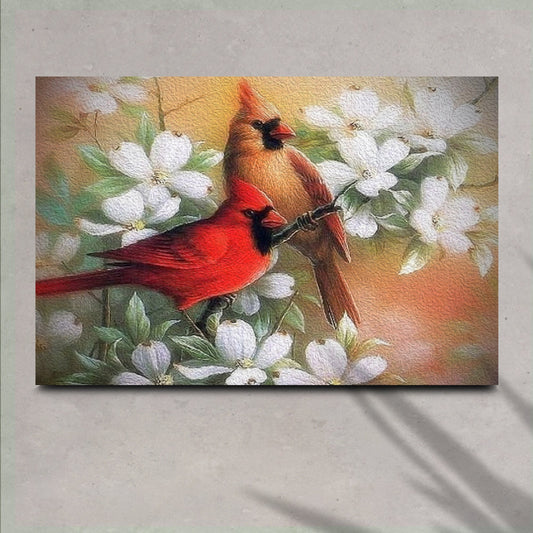 Cardinals on Dogwood Painting Canvas Wall Art two red cardinals among blossoms Tailored Canvases on Tampa Home & Garden Store