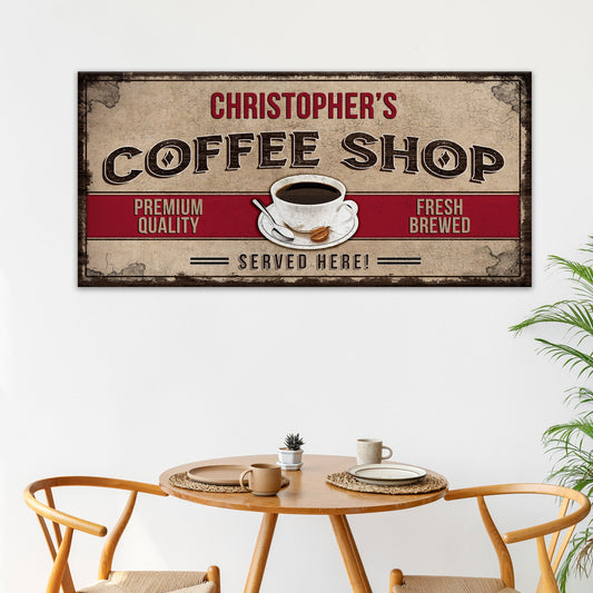 Coffee Shop Sign canvas with vintage beige, bold red Christopher's, coffee cup graphic on Tampa Home & Garden Store