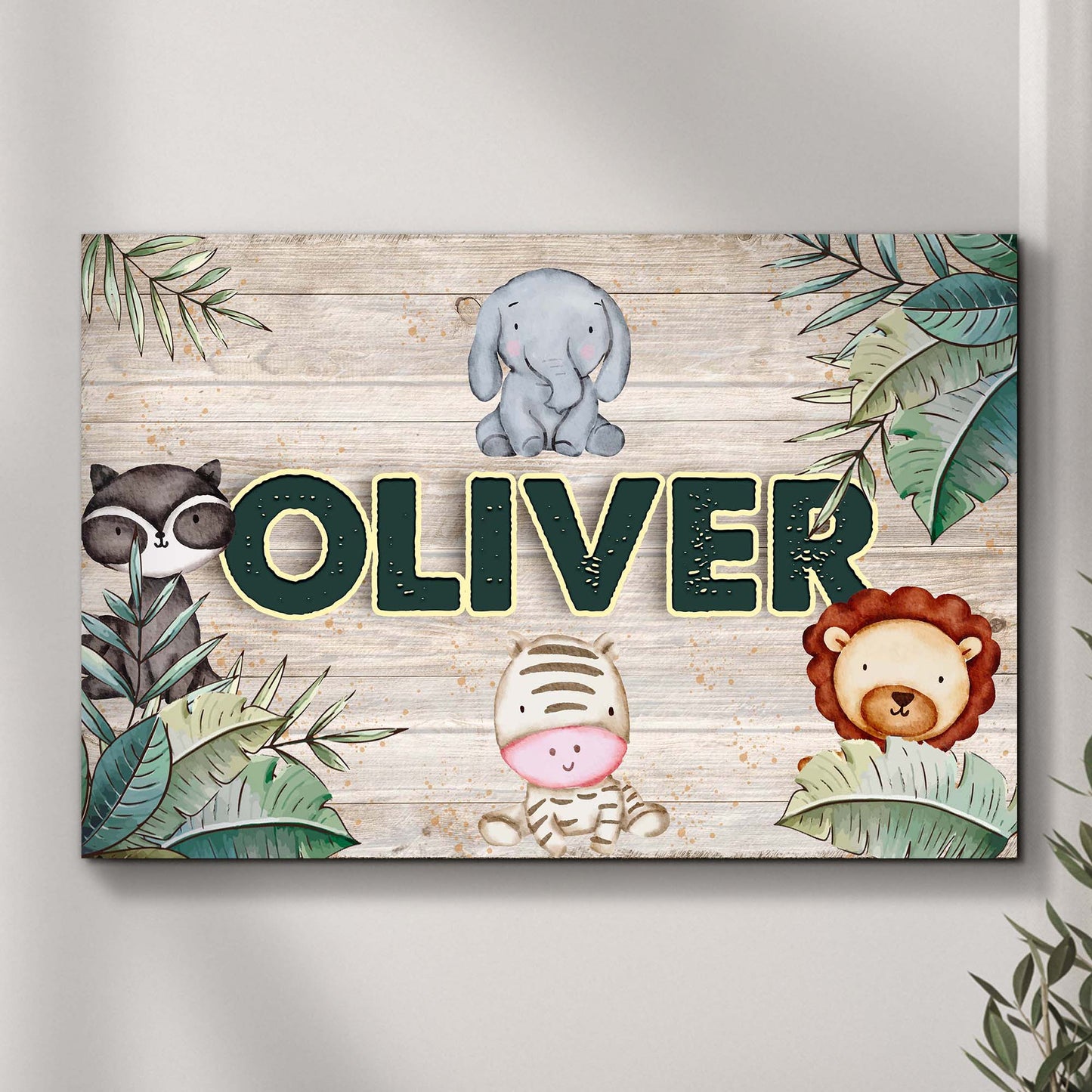 Safari Kids Room Sign canvas by Tailored Canvases elephant and leaves on weathered wood on Tampa Home & Garden Store