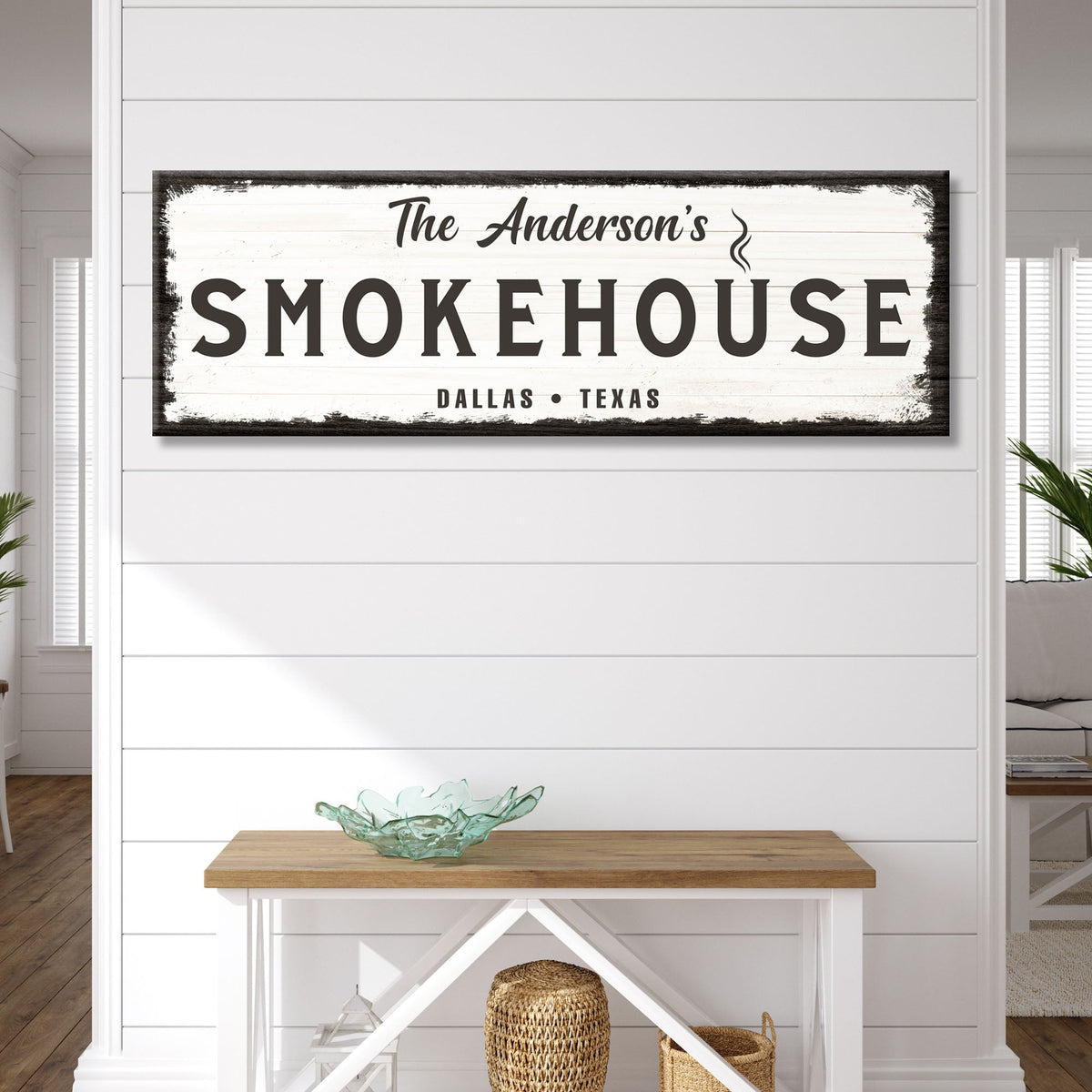 Family Smokehouse Sign canvas wall art by Tailored Canvases with rustic white wood background on Tampa Home & Garden Store