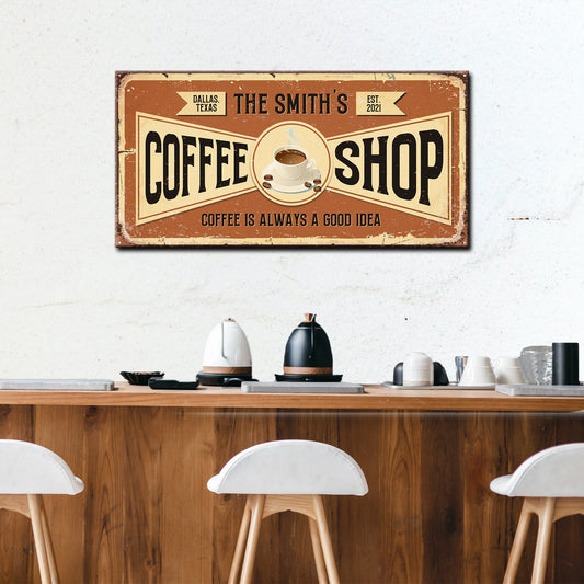 Coffee Shop Sign IV canvas decorative vintage sign with brown beige tones and coffee cup motif on Tampa Home & Garden Store