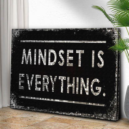 Mindset Is Everything canvas sign by Tailored Canvases; black mosaic lettering on wall with plant on Tampa Home & Garden Store