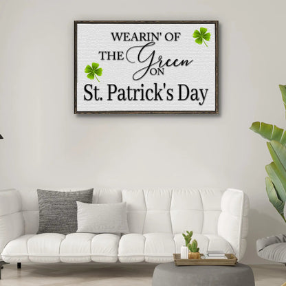 Wearin' Of The Green On St. Patrick's Day sign canvas with textured background shamrocks on Tampa Home & Garden Store