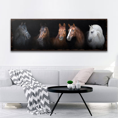 A Family Of Horses canvas wall art with five horses in a dark backdrop and a wood frame on Tampa Home & Garden Store