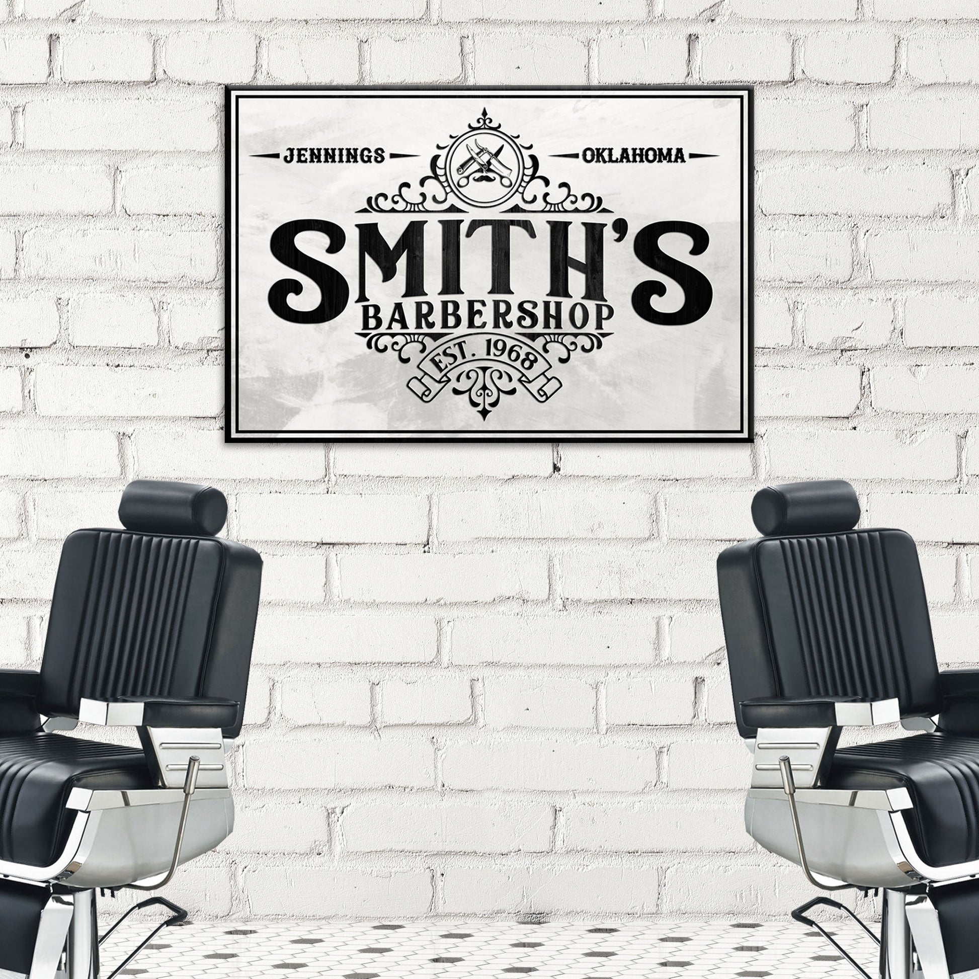 Barbershop Sign IV canvas print with vintage Smith's Barbershop design framed on brick on Tampa Home & Garden Store