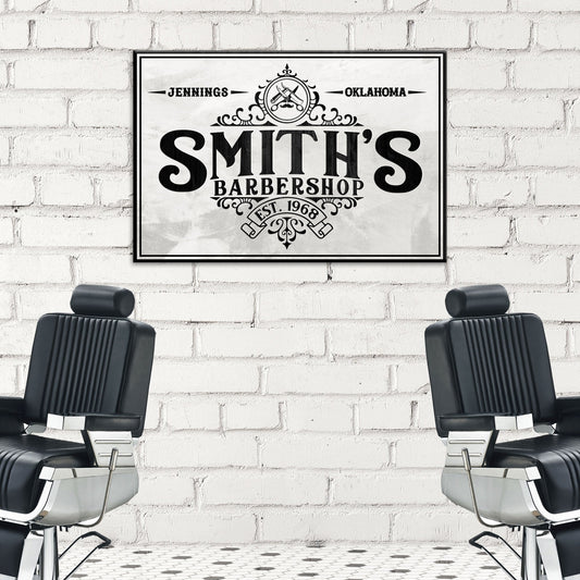 Barbershop Sign IV canvas print with vintage Smith's Barbershop design framed on brick on Tampa Home & Garden Store