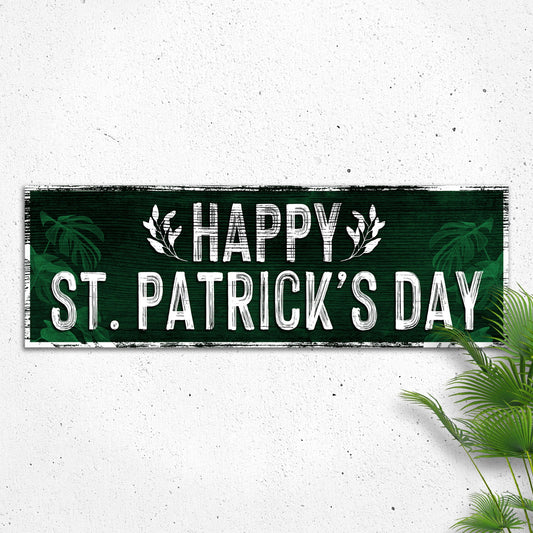 Happy St. Patrick's Day Sign III canvas with dark green background and white lettering on Tampa Home & Garden Store