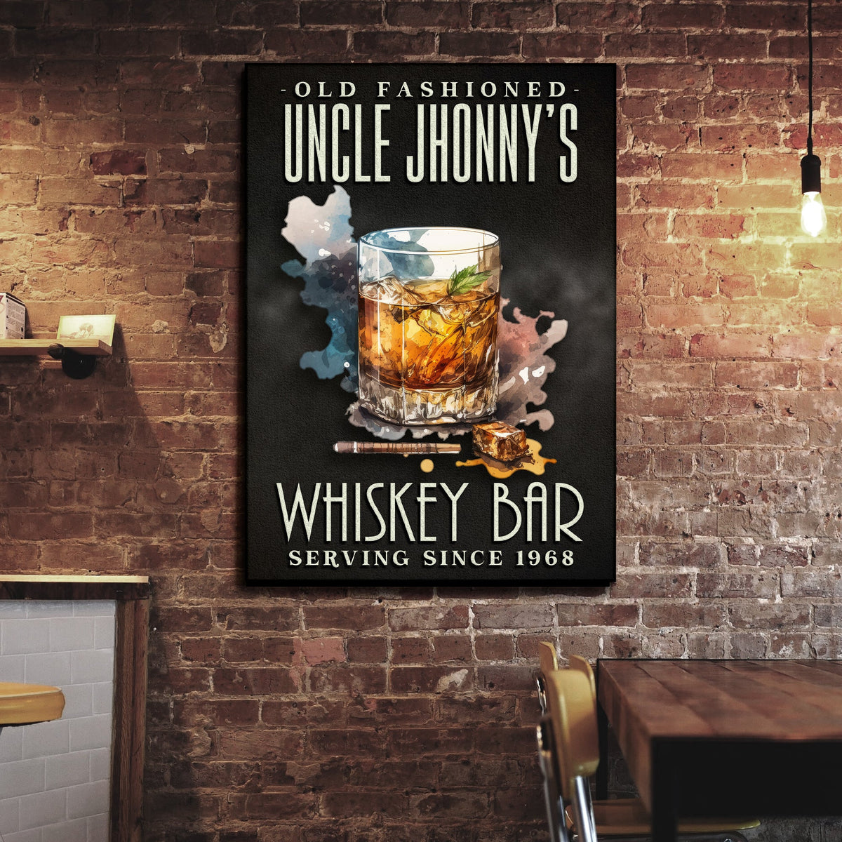 Old Fashioned Whiskey Bar Sign canvas with a whiskey glass illustration on a dark backdrop on Tampa Home & Garden Store