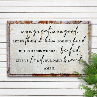 God Is Great God Is Good Prayer Sign II canvas with rustic frame on weathered white wood backdrop on Tampa Home & Garden Store